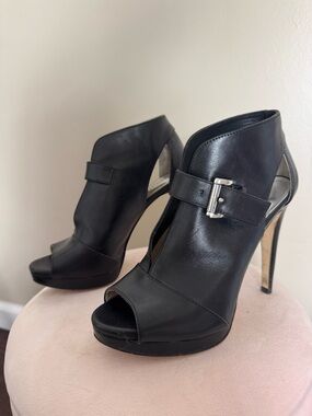 Michael Kors Black Leather Peep-Toe Buckle High Heels